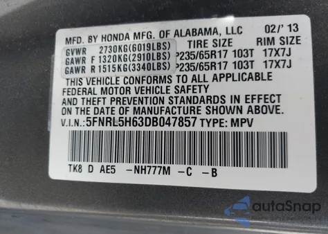 2013 Honda Odyssey Ex-L из США, поврежденный, VIN 5FNRL5H63DB047857